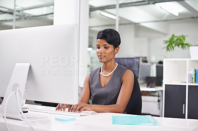 Buy stock photo Computer, documents and business woman in office for budget, planning or finance funding research. Pc, search or lady project manager online with report, portfolio or admin for corporate compliance
