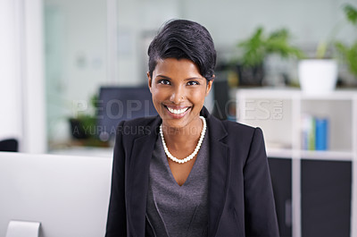 Buy stock photo Business, portrait and happy Indian woman in office with confidence, positive attitude or career pride. Face, smile and female entrepreneur at digital agency startup with ambition or optimism