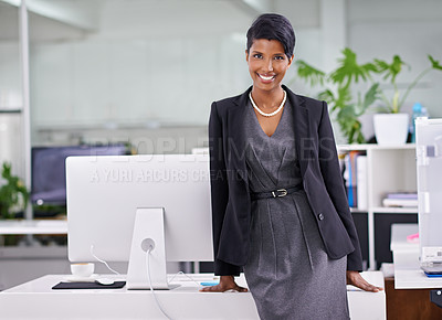 Buy stock photo Portrait, smile and corporate with black woman, professional and modern office with computer and happy agency. African person, face and employee with pc and PR consultant with startup and confidence