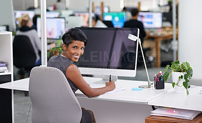 Buy stock photo Computer screen, portrait and happy business woman writing in office with mockup for web design, planning or research. Pc, face or lady designer online for creative idea inspiration, faq or google it