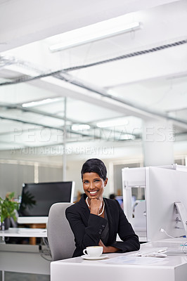 Buy stock photo Business, portrait and happy Indian woman with computer in office for email, reading or planning with coffee. Smile, face and female consultant with pc for research, report or client communication