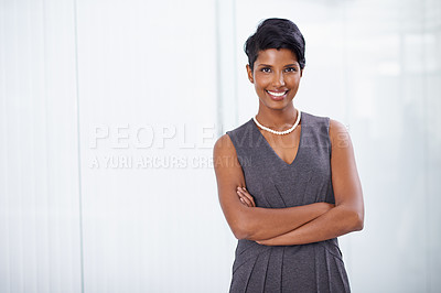 Buy stock photo Corporate, portrait and Indian woman, worker and professional for startup business with smile. Adult, female person and girl in workplace for accounting career in company, pride and confident