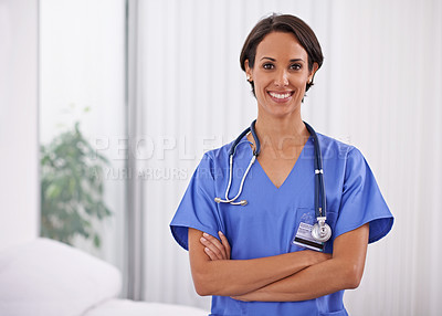 Buy stock photo Face, nurse and happy woman with arms crossed in hospital for healthcare, wellness and service. Portrait, smile and confident medical professional surgeon, employee and doctor in clinic in Brazil