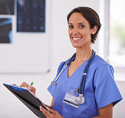 Buy stock photo Portrait, nurse and happy woman writing on clipboard in hospital for healthcare, wellness and xray. Face, smile and medical professional with checklist, surgeon or radiologist in clinic in Brazil