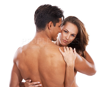 Buy stock photo Cropped shot of a shirtless couple embracing against a white background