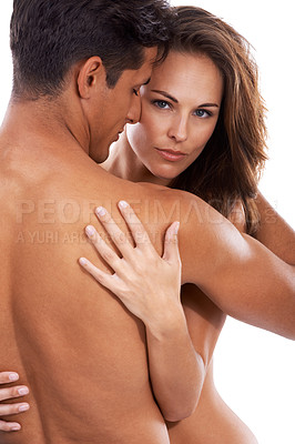 Buy stock photo Couple, hug and topless with passion in studio on white background with affection, love and sensual together. Portrait, relationship and support with gentle, sexy and embrace for bonding or desire