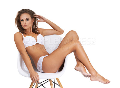 Buy stock photo Underwear, lingerie and portrait of woman in a chair with confidence and pride in fashion on white background in studio. Panties, bra and calm model relax in bikini with sexy style of swimwear