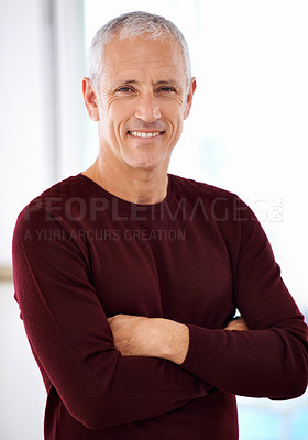 Buy stock photo Senior, businessman or happy portrait with arms crossed in office for creative career in management. Mature person, entrepreneur or face of ceo with confidence, smile or pride for startup company