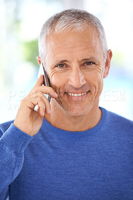 Buy stock photo Portrait, man and phone call for contact, communication or talking with smile for good news. Happy, mature male person and smartphone for connectivity, discussion or conversation with closeup