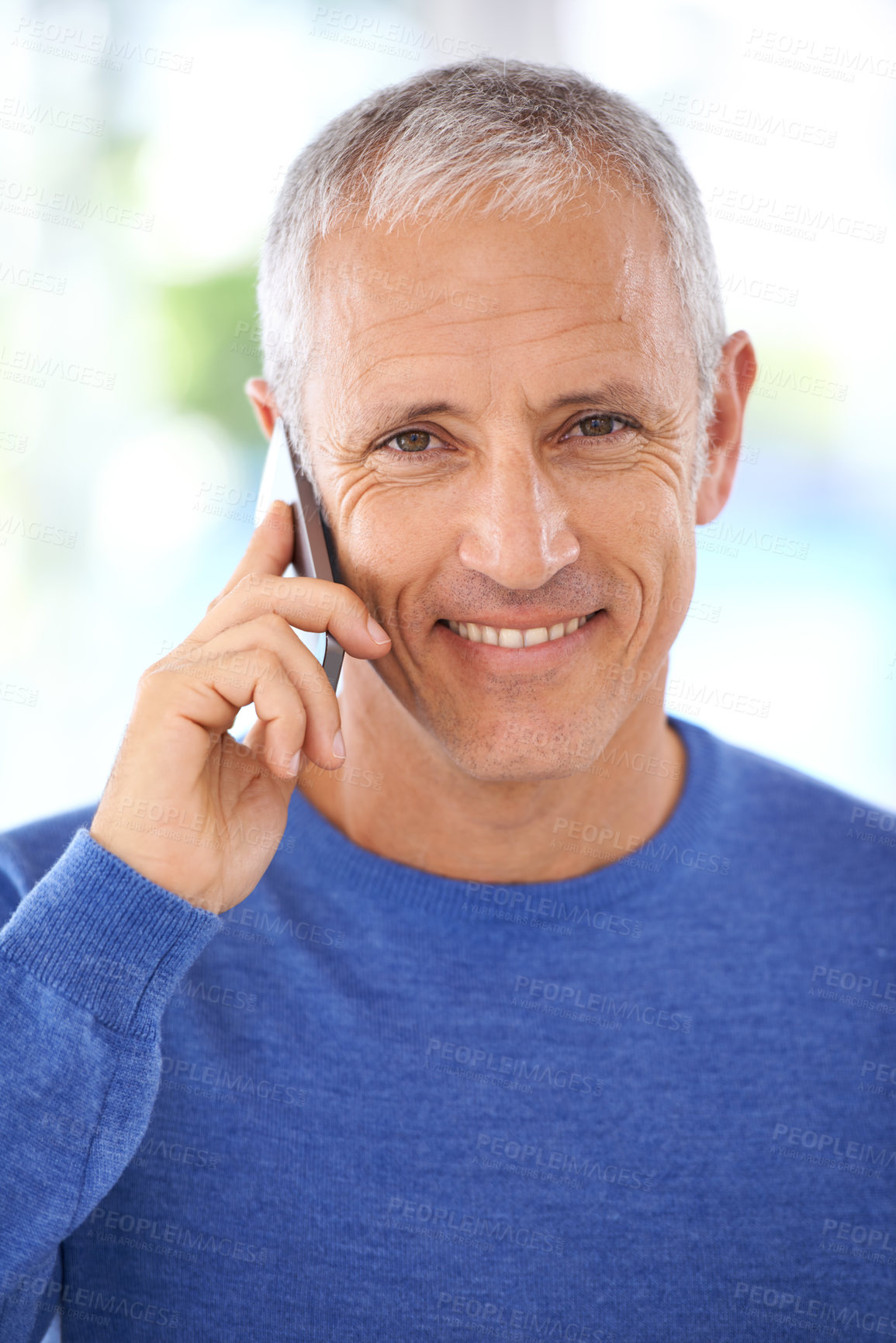 Buy stock photo Portrait, man and phone call for contact, communication or talking with smile for good news. Happy, mature male person and smartphone for connectivity, discussion or conversation with closeup