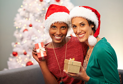 Buy stock photo Portrait of two excited friends holding up their Christmas gifts