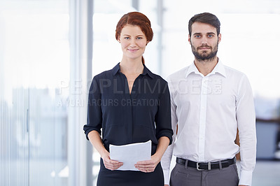 Buy stock photo Business people, portrait and documents in corporate finance, planning or teamwork at office. Happy businessman and woman with paperwork for team leadership or financial management on mockup space