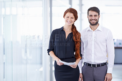Buy stock photo Portrait, man and woman with startup, employees and company with happiness, about us and professional. Face, male agent and female consultant with teamwork, collaboration and partnership in workplace