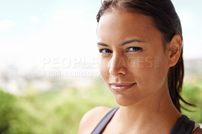 Buy stock photo Smile, fitness and portrait of woman in nature for health, wellness and body workout outdoor. Happy, sports and face of female person from Mexico in park or garden for exercise training routine.