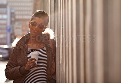 Buy stock photo Street, fashion and portrait of woman with coffee, outdoor and happy, sunglasses and city. Adult, female person and girl with smile with jacket or coat in Cape Town, shades and tea to drink on hand