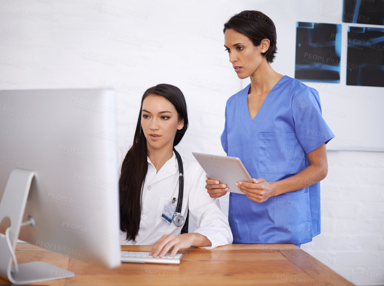 Buy stock photo Computer, doctor and nurse with report in hospital, medical facility or clinic for health and medicine. Women, people and healthcare workers with technology, research and analysis of results