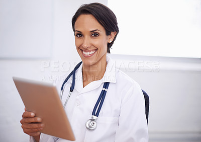 Buy stock photo Portrait, doctor and happy woman with tablet in hospital for healthcare, wellness or telehealth online. Face, smile and medical professional with technology, employee or expert physician in Brazil