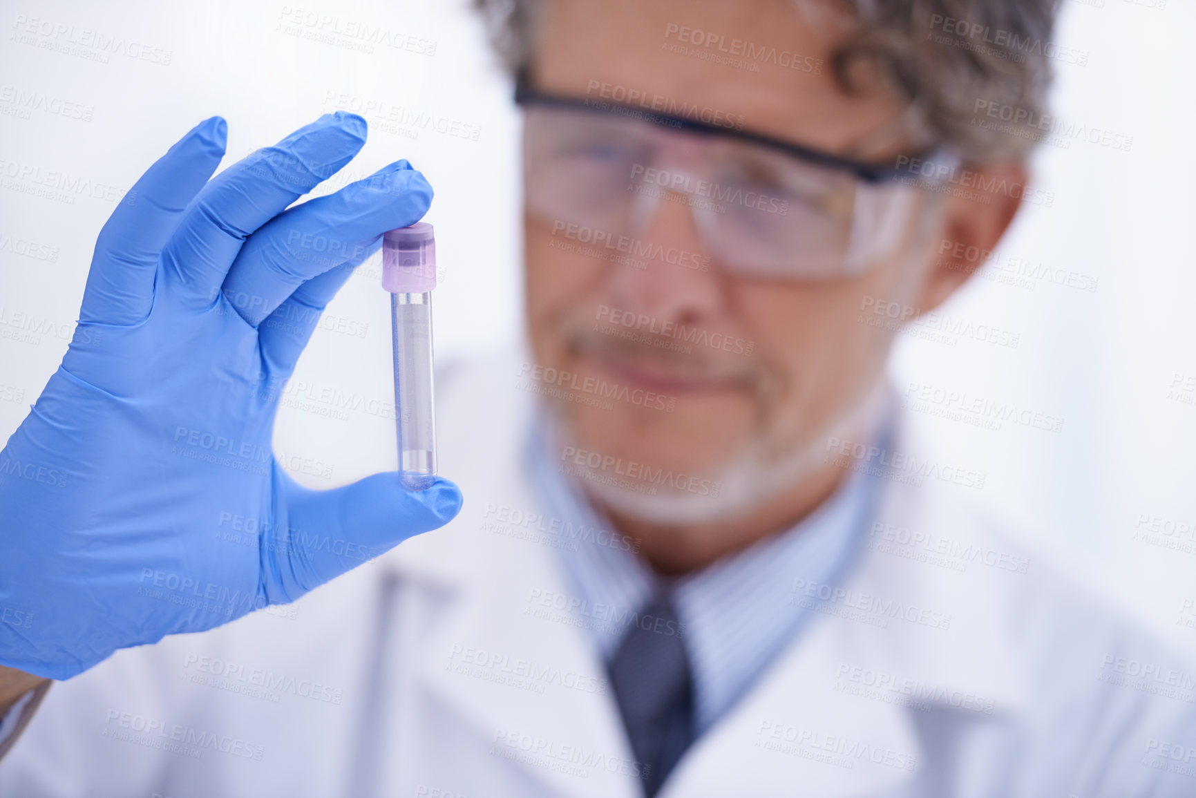 Buy stock photo Science, laboratory and man with sample in vial for medical research, analysis and vaccine development. Healthcare, pharmaceutical and scientist with test tube for medicine, experiment and study