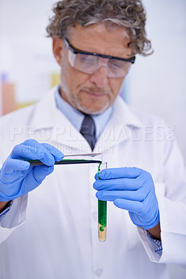 Buy stock photo Scientist, chemical and results in laboratory, healthcare facility and chemistry for medical research. Test tube, science man and male doctor with sample for analysis, dna and forensic study