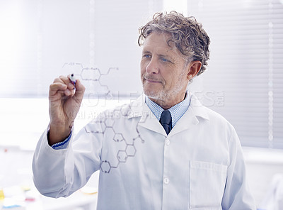 Buy stock photo Man, research and molecule with glass wall, writing and solution with problem solving and data analysis. Medical, professional and science with atoms and healthcare with planning, chemistry and lab