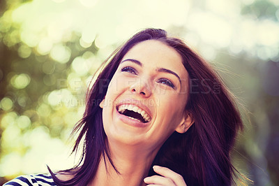 Buy stock photo Woman, smile and laugh with nature, sunshine and park for happiness and wellness. Person, joy and bokeh with closeup, glow and beauty for summer relax and adventure outside in garden with trees