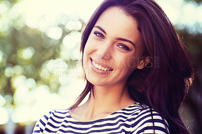 Buy stock photo Person, portrait and smile with nature, sunshine and park for happiness and wellness. Woman, joy and bokeh with closeup, glow and beauty for summer relax and adventure outside in garden with trees