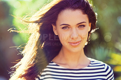 Buy stock photo Happy woman, vacation and portrait in nature for travel, relax and outdoor for wellness in sunshine. French, student and positive face on holiday in urban town and young or carefree as city tourist