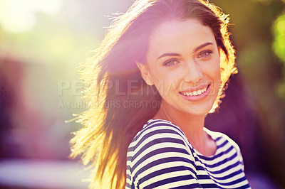 Buy stock photo Person, portrait and smile with nature, sunrise and park for happiness and wellness. Woman, joy and bokeh with closeup, glow and beauty for summer relax and adventure outside in garden with trees