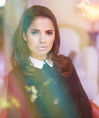Buy stock photo A gorgeous young woman wearing retro inspired makeup vintage clothing with whimsical lighting