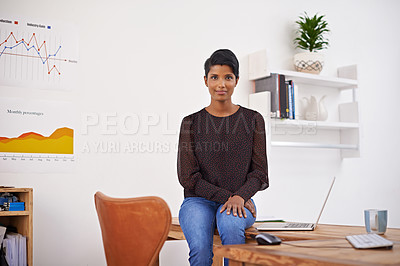 Buy stock photo Business woman, portrait or desk for online research or productivity or internet to work on company project. Indian person, consultant face by office for statistics analysis and laptop for decisions