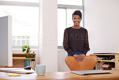 Buy stock photo Business woman, portrait and office for online research or productivity and internet to work on company project. Indian person, writer or happy face by laptop or professional in workspace for editing