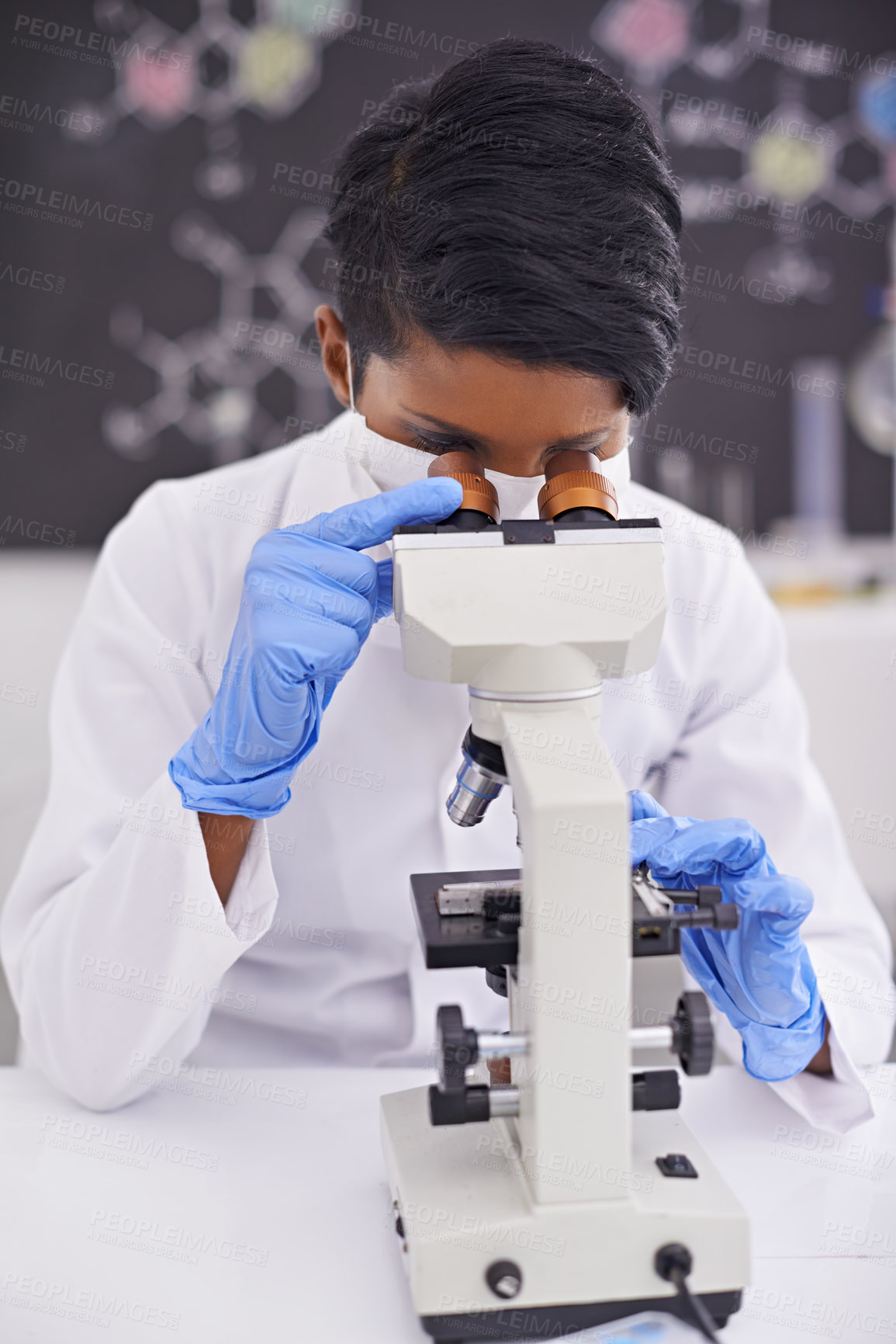 Buy stock photo Woman, microscope and scientist in laboratory for research, experiment and innovation. Science, technology and researcher or doctor with medical equipment for sample analysis and bacteria testing