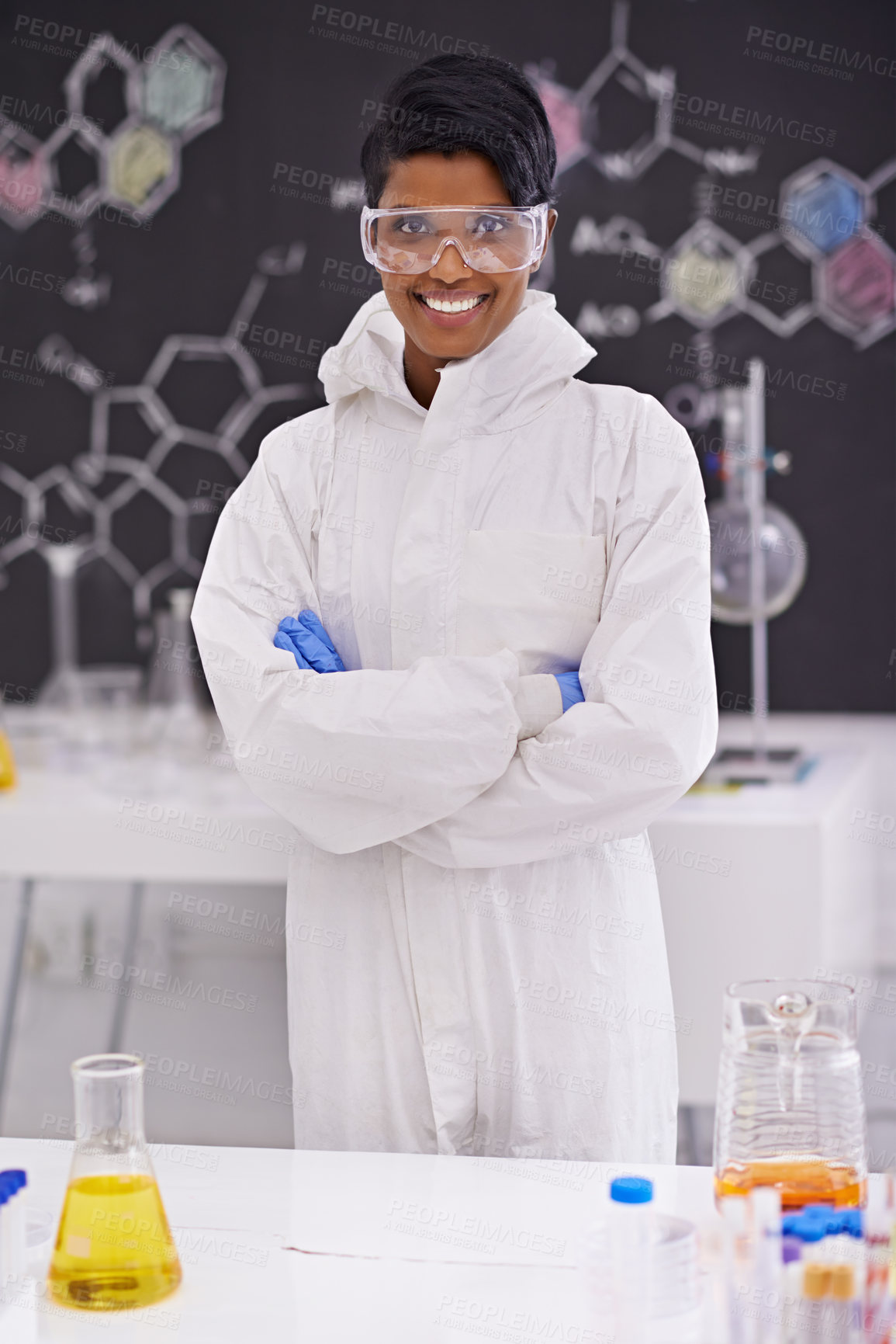 Buy stock photo Science, crossed arms and portrait of woman in laboratory with sample for medical research, analysis and vaccine. Healthcare, pharmaceutical and professional person for medicine, experiment and study