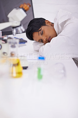 Buy stock photo Nap, tired and woman scientist in laboratory working overtime on pharmaceutical research. Exhausted, fatigue and female biology researcher with sleeping for burnout with medical project or study.