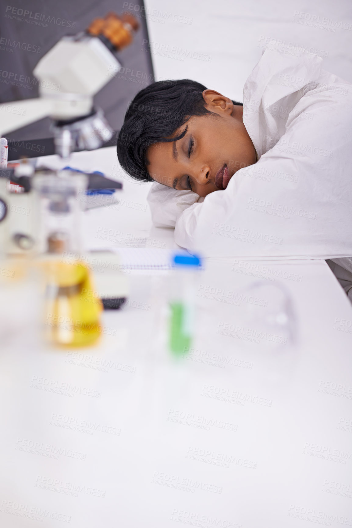 Buy stock photo Nap, tired and woman scientist in laboratory working overtime on pharmaceutical research. Exhausted, fatigue and female biology researcher with sleeping for burnout with medical project or study.