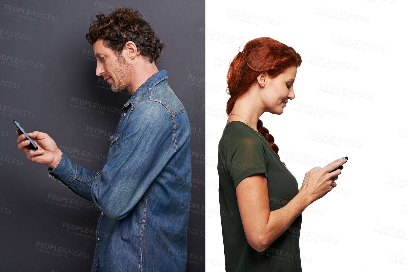 Buy stock photo Phone, man and woman in studio with mobile app for chat, match and connection with networking. Internet, communication and couple with application for online dating with smartphone, scroll and smile