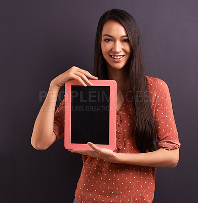 Buy stock photo Woman, studio and tablet with portrait, screen and technology for mockup and connectivity. Model, tech and confidence with smile, happiness and space for online app or social media connection