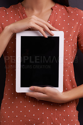 Buy stock photo Person, studio and tablet with mockup, screen and technology for communication and connectivity. Model, tech and app with social media, connection and space for online isolated on grey background