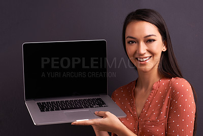 Buy stock photo Woman, portrait and laptop screen for email connection in studio for networking website, communication or mockup space. Female person, face and digital technology for blog, application or internet