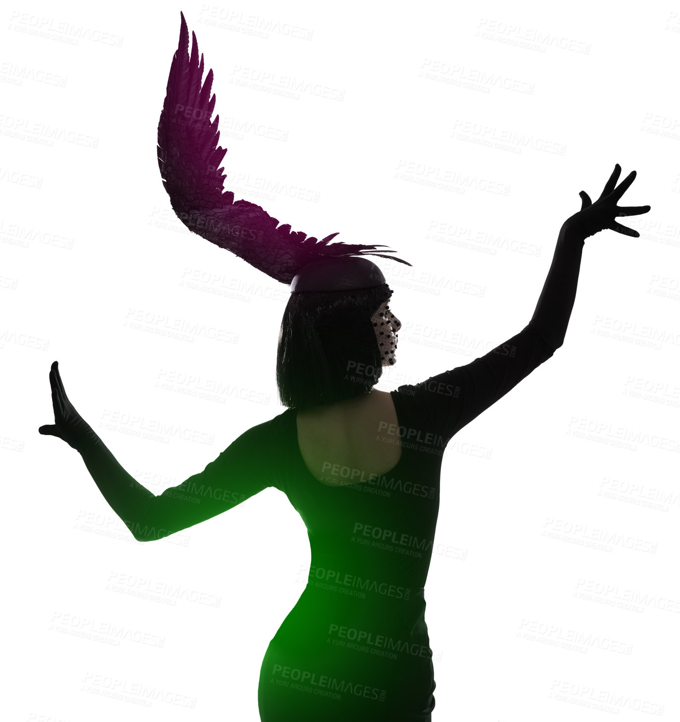 Buy stock photo Woman, feather and head for fashion in studio for fantasy or magic with unique creativity for art or illusion. Female person, isolated and white background for designer clothes, diva and surreal