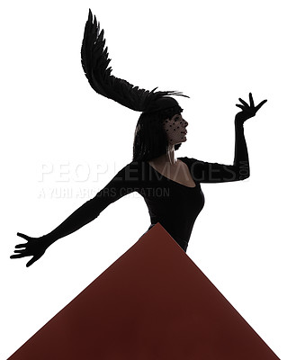 Buy stock photo Bird, fashion and woman in a studio with abstract shape, feather and art with unique creativity. Illusion, silhouette and shadow with fantasy, triangle and graphic with style and white background