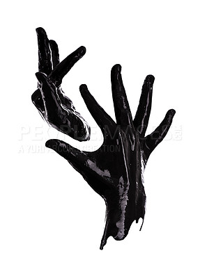 Buy stock photo Hand, paint or black in pollution, art or abstract as symbol of oil spill in monochrome in studio. Fingers, liquid or gesture as still life, creativity or minimalist silhouette on white background