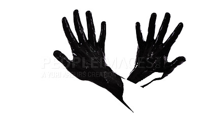 Buy stock photo Animation art of painted black hands fully opened and gesturing against a white studio background. Two hands dipped in black paint with copyspace isolated on white. Concept of contemporary art