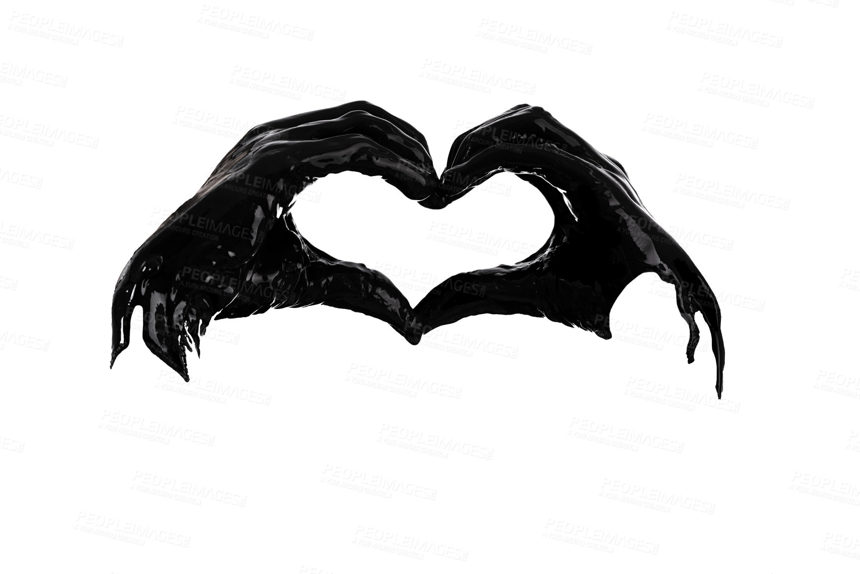 Buy stock photo Hand, love or art as heart, shape or abstract as symbol in creative, monochrome or still life. Romantic, gesture or fingers as minimalist, silhouette of liquid oil paint in studio on white background