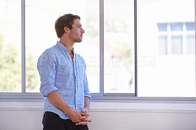 Buy stock photo Window, thinking and business with man, decision and choice with planning and problem solving. Person, professional and entrepreneur with view and startup with solution and sunshine with questions