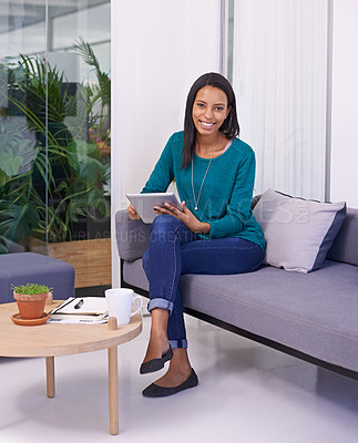 Buy stock photo Business, woman and portrait with tablet in office with planning for creative project, brainstorming and discussion. Entrepreneur, employee and technology with smile on sofa at workplace for strategy