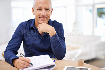 Buy stock photo Portrait, notebook and senior man with tablet in home office for remote work, writing or note research. Digital, search and face of happy elderly project manager with pen, reminder or schedule ideas
