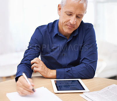 Buy stock photo Notebook, writing and mature businessman with tablet screen in home office for graph, chart or data analysis, research or statistics. Finance, freelance or male accountant with digital, budget or app