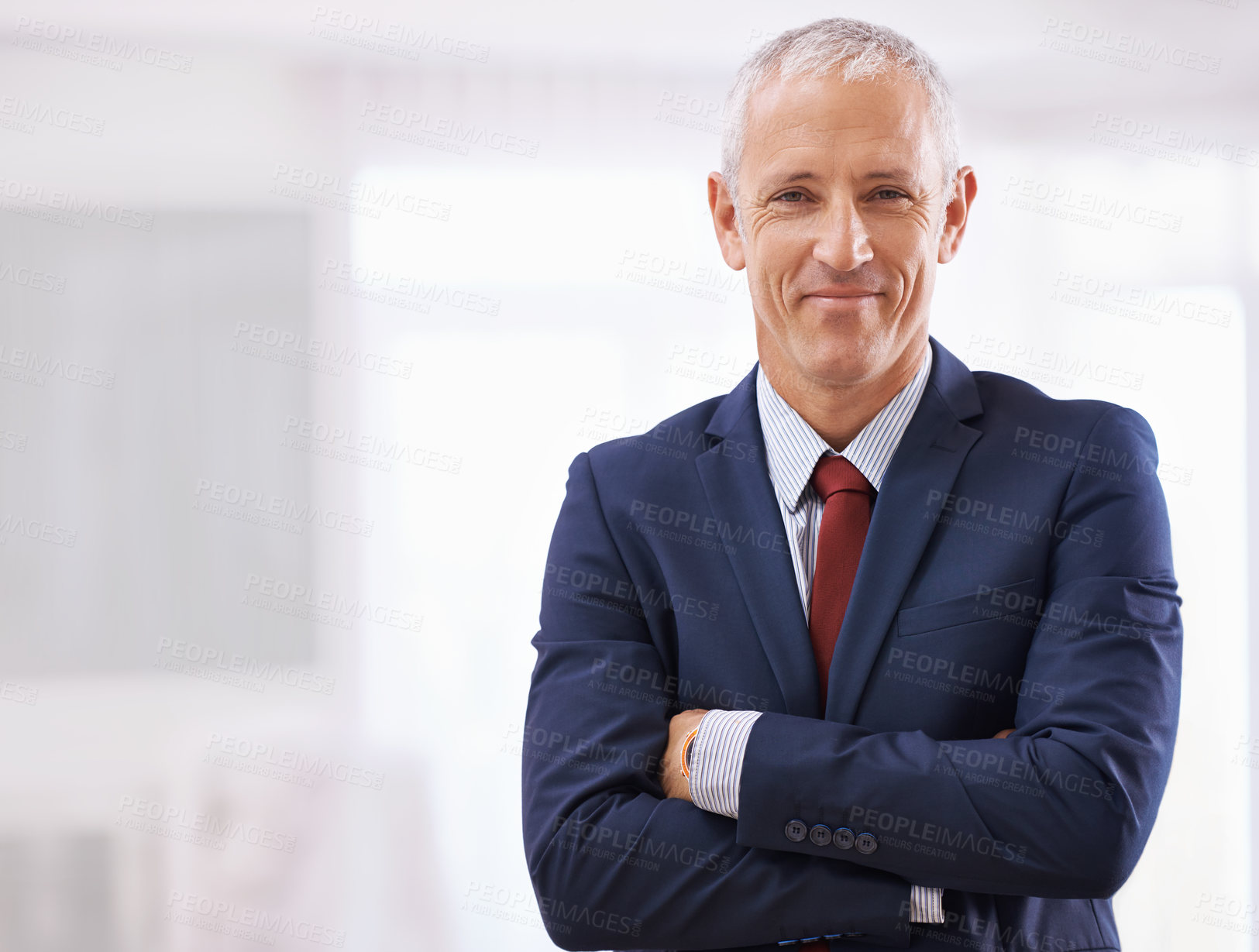 Buy stock photo Crossed arms, office and portrait of senior businessman with confidence for career, job and working. Professional mockup, startup agency and person for company pride, smile and positive attitude