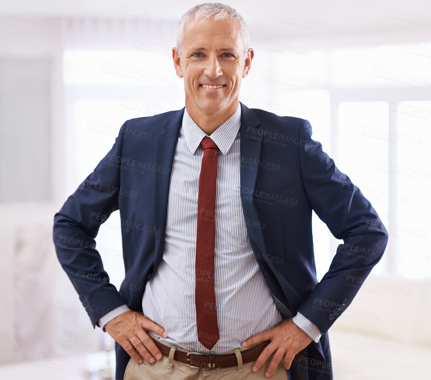 Buy stock photo Happy, portrait and mature businessman, confident ceo or senior manager at corporate startup office. Smile, trust and face of business owner, boss or entrepreneur at professional agency with pride
